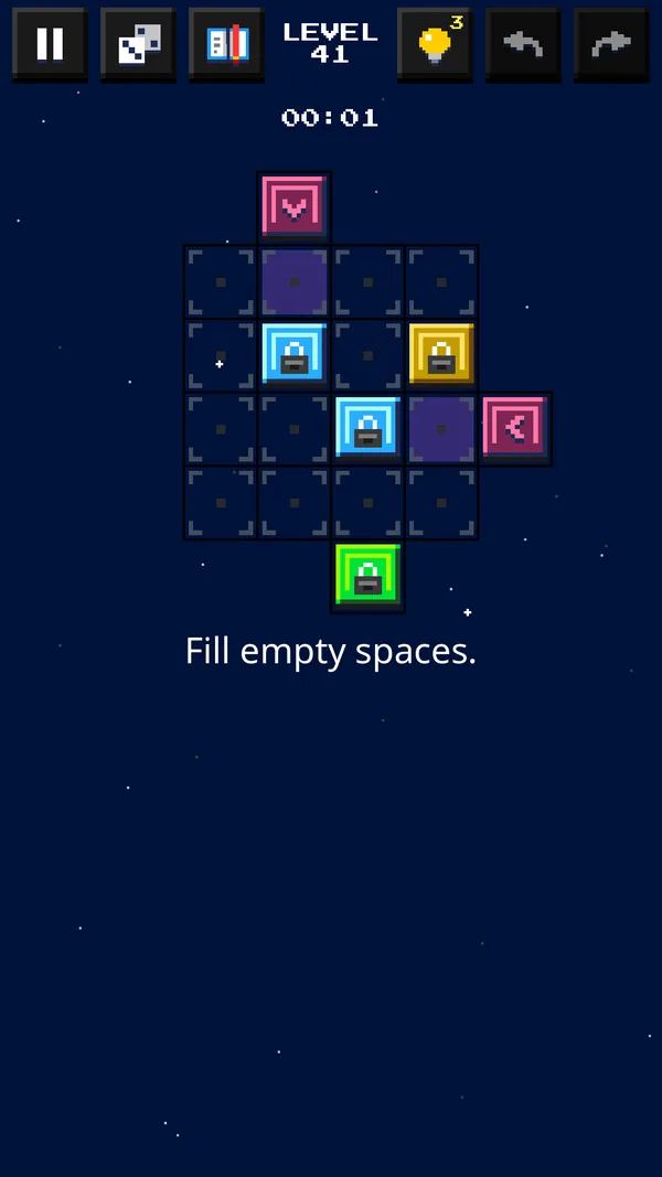 A Spaceblox puzzle in progress: a grid with yellow, blue and purple tiles