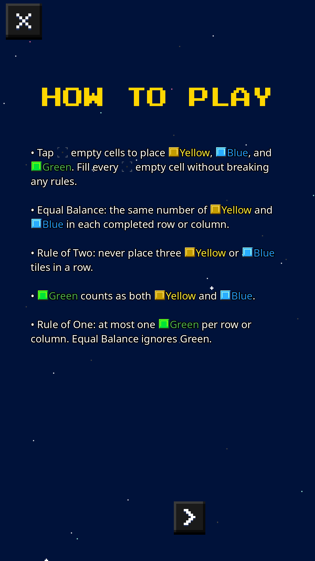 The in-game How to Play screen listing the Rule of Two, Equal Balance, green tiles and the Rule of One