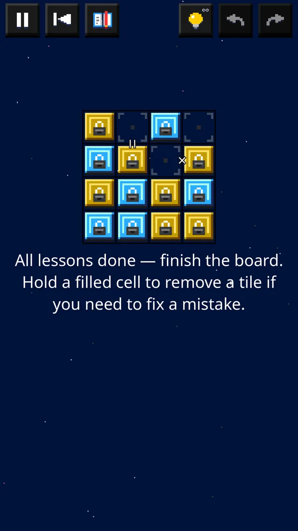 The guided tutorial teaching one rule on a small board