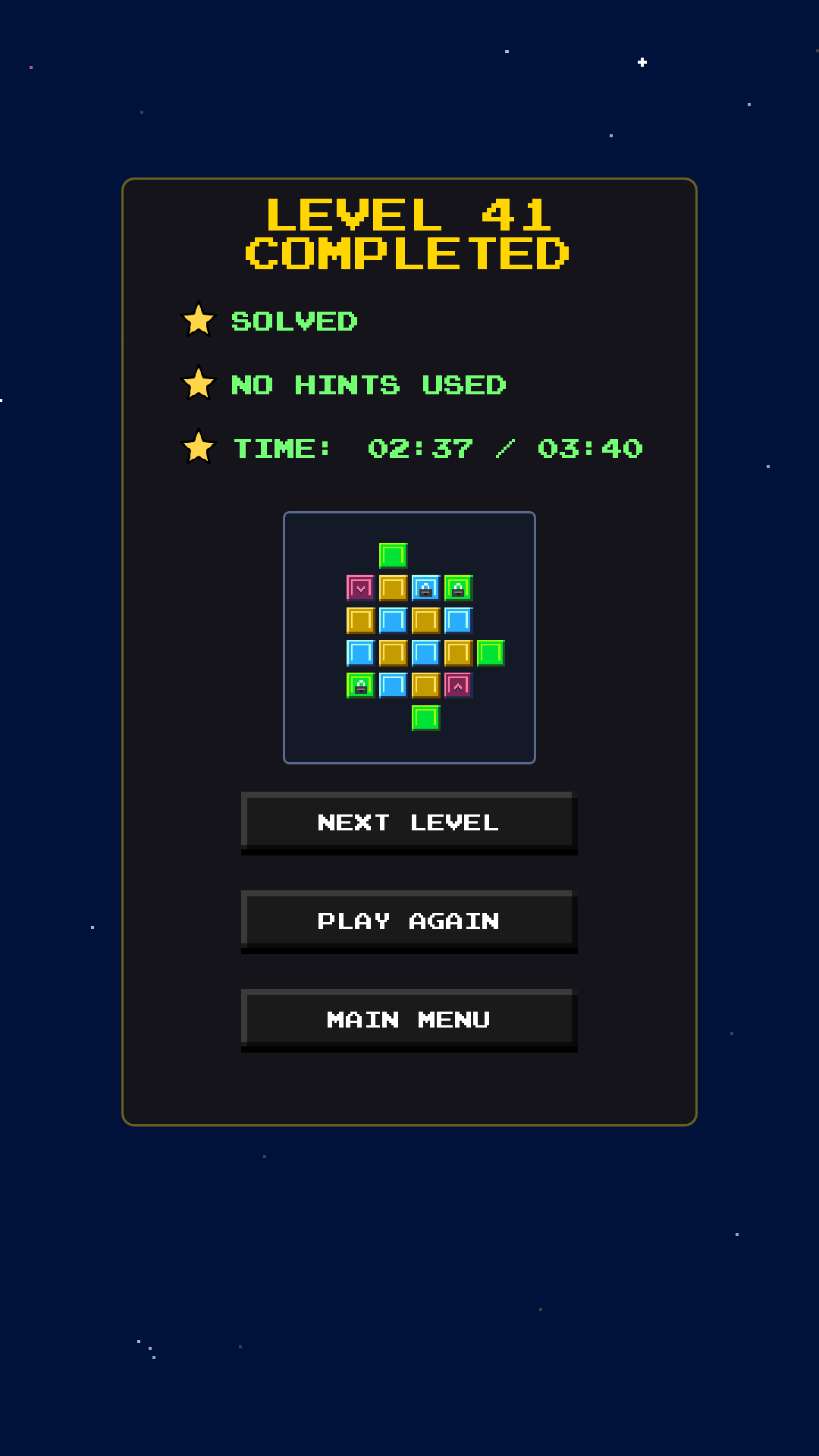 The Spaceblox victory screen after clearing a level